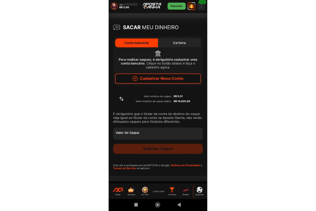 Captura de tela que exibe a área de saque no Aposta Ganha app. 