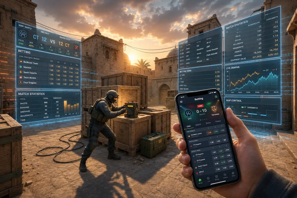 Imagem editorial sobre apostas Counter-Strike, com cenário inspirado em mapa de FPS, soldado tático posicionando dispositivo, celular com app de apostas ao vivo e painéis holográficos de odds e estatísticas do jogo.