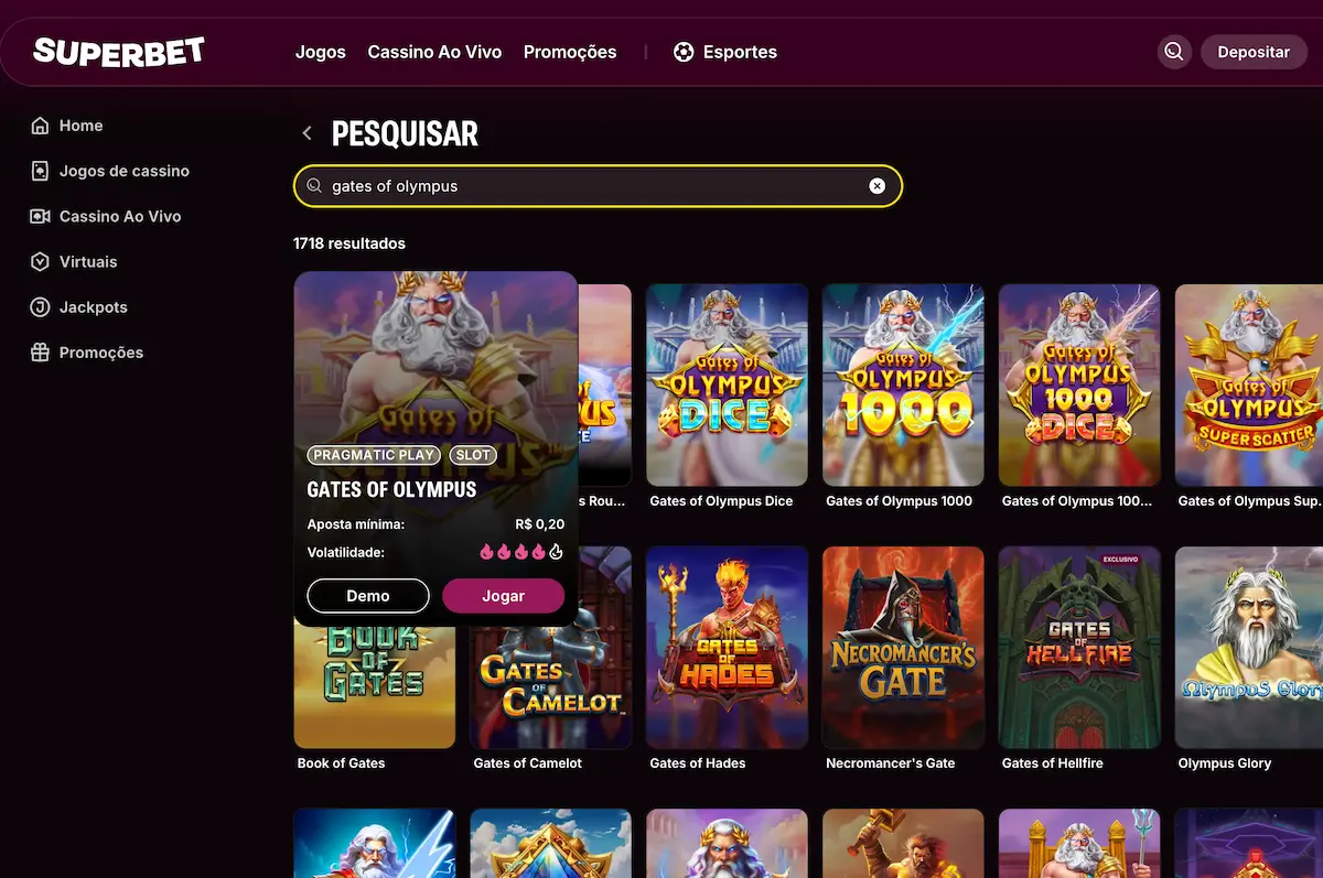 Tela de pesquisa da plataforma Superbet exibindo o jogo Gates of Olympus da Pragmatic Play e suas variações. Uma das opções mais populares para aproveitar os 5 reais grátis para apostar slots com aposta mínima de R$ 0,20.
