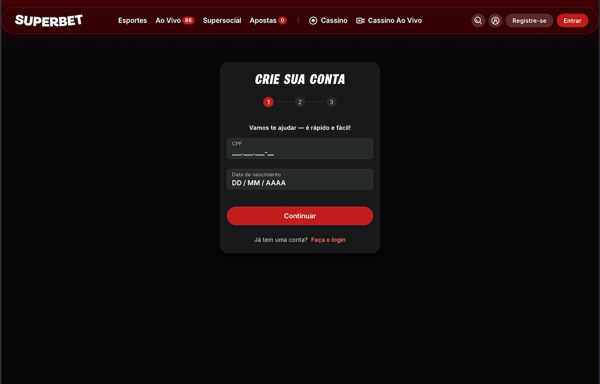 Captura de tela da página de cadastro online da Superbet, um dos melhores sites de apostas para iniciantes.