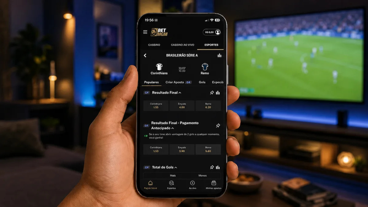 Celular com app da BetMGM mostrando apostas em Corinthians x Remo, exemplo de melhor site de apostas para iniciantes.
