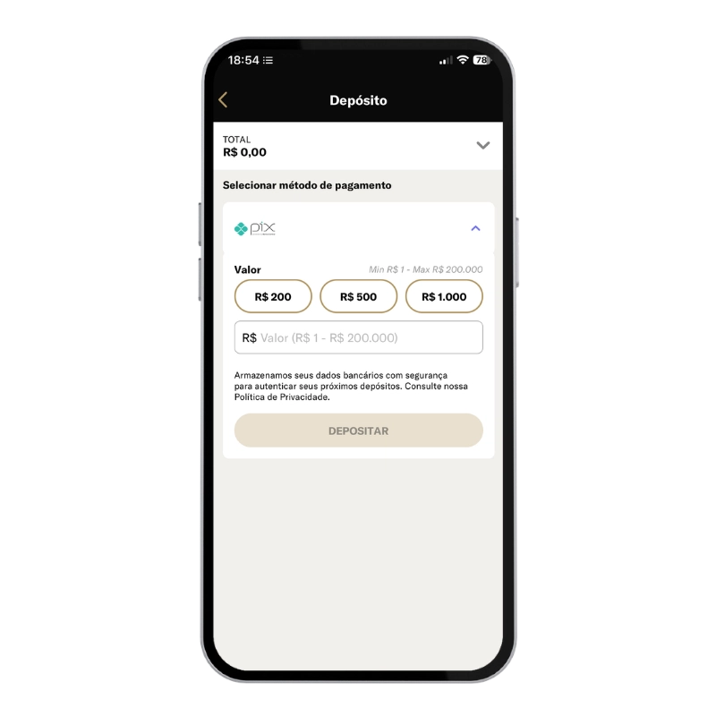 Captura de tela do app da BetMGM exibindo a área de depósito, com destaque para o PIX.