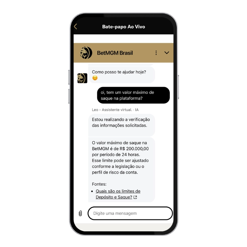 Captura de tela do app da BetMGM exibindo conversa no chat, na área de suporte. 