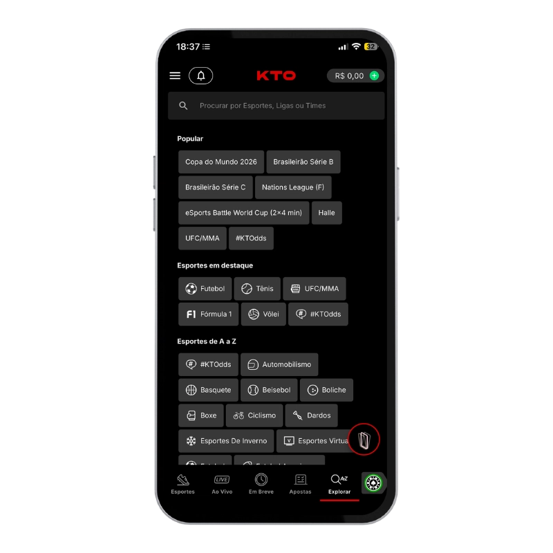 Captura de tela do app da KTO exibindo o menu de navegação na área de esportes.