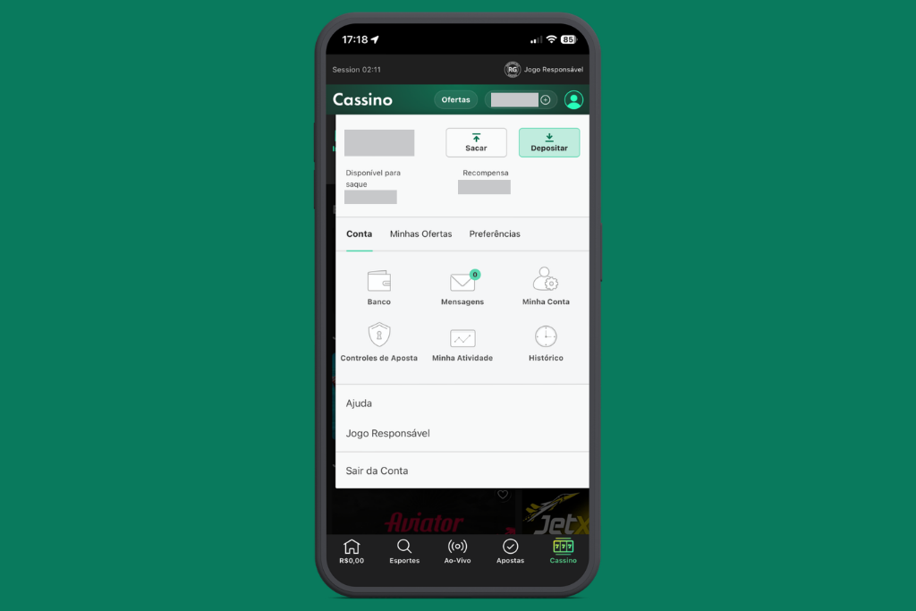 Captura de tela da interface de gestão da conta, saques e depósitos no app bet365. bet365-app-saque-deposito.png