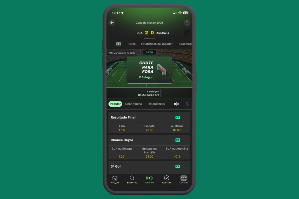 Captura de tela da interface de apostas ao vivo no bet365 app. bet365-app-aposta-ao-vivo.png