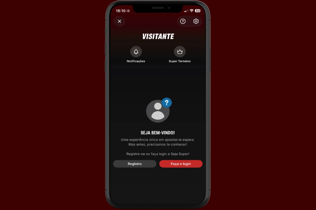 Tela inicial de login e cadastro do app de Superbet.