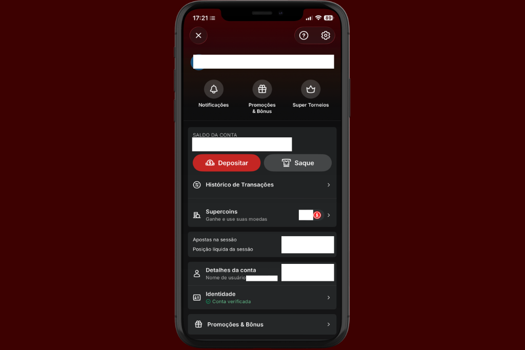 Tela de smartphone exibindo a área de saques e depósitos do app de apostas da Superbet.