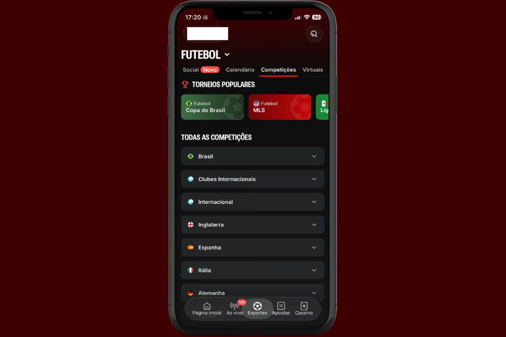 Tela de smartphone exibindo a área de esportes, especificamente de futebol no aplicativo da Superbet.