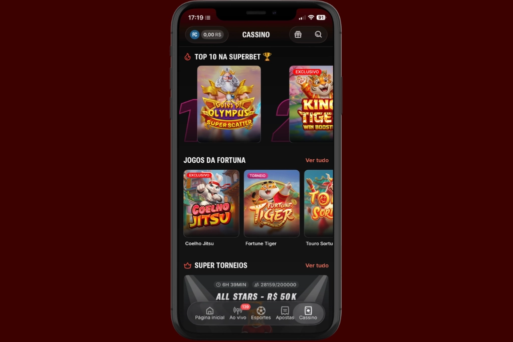 Tela de smartphone exibindo a área de cassino dentro do aplicativo da Superbet.