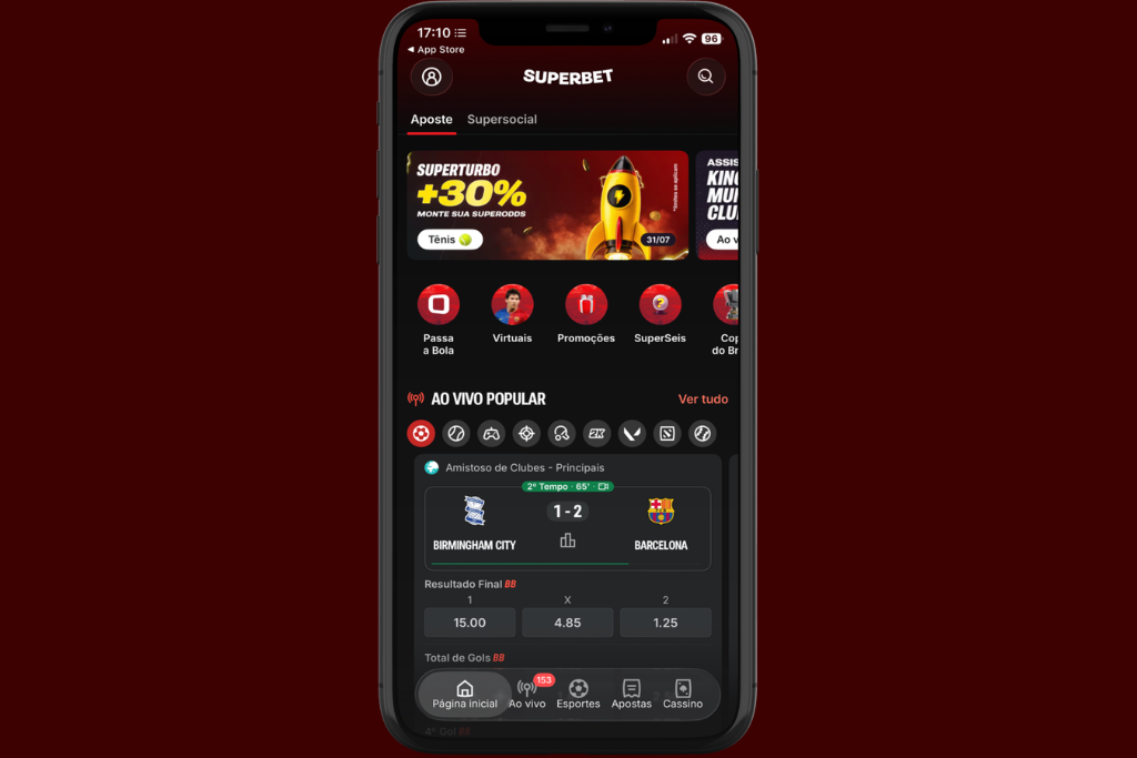 Tela de smartphone exibindo a página inicial do aplicativo da Superbet.